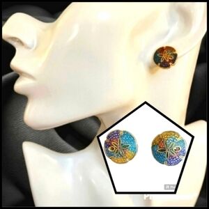VTG 1980s Cloisonne Sand Dollar Mermaidcore Stud Earrings